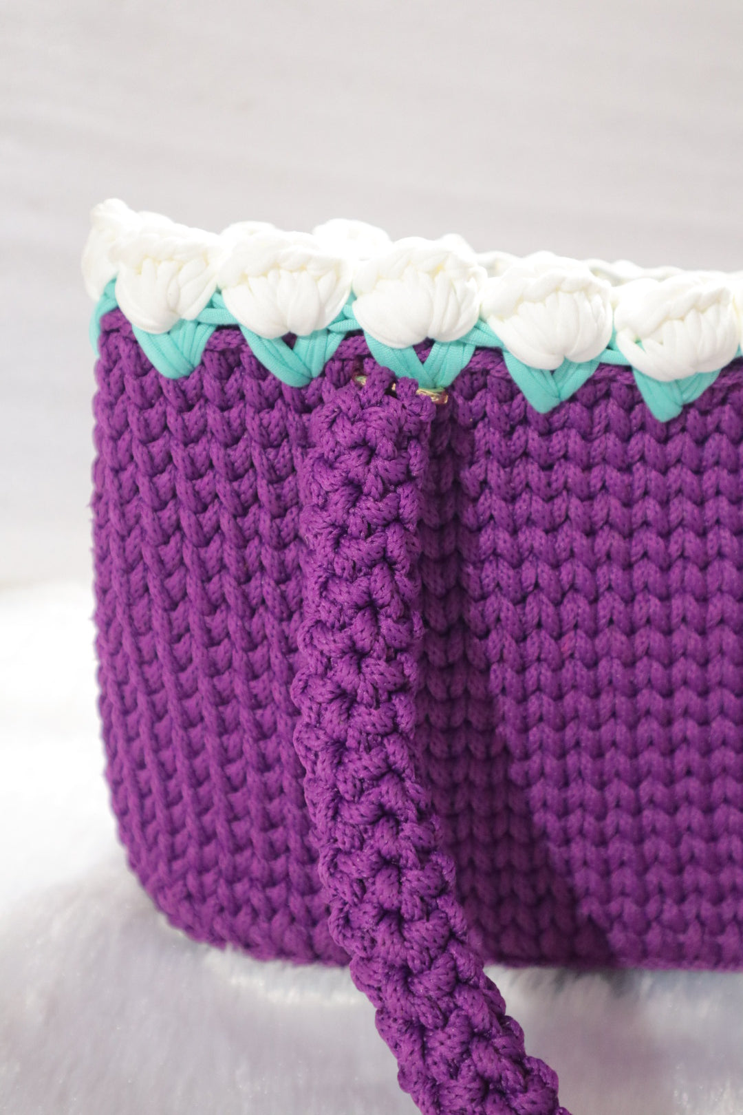 Purple Crochet Tote With White Tulips