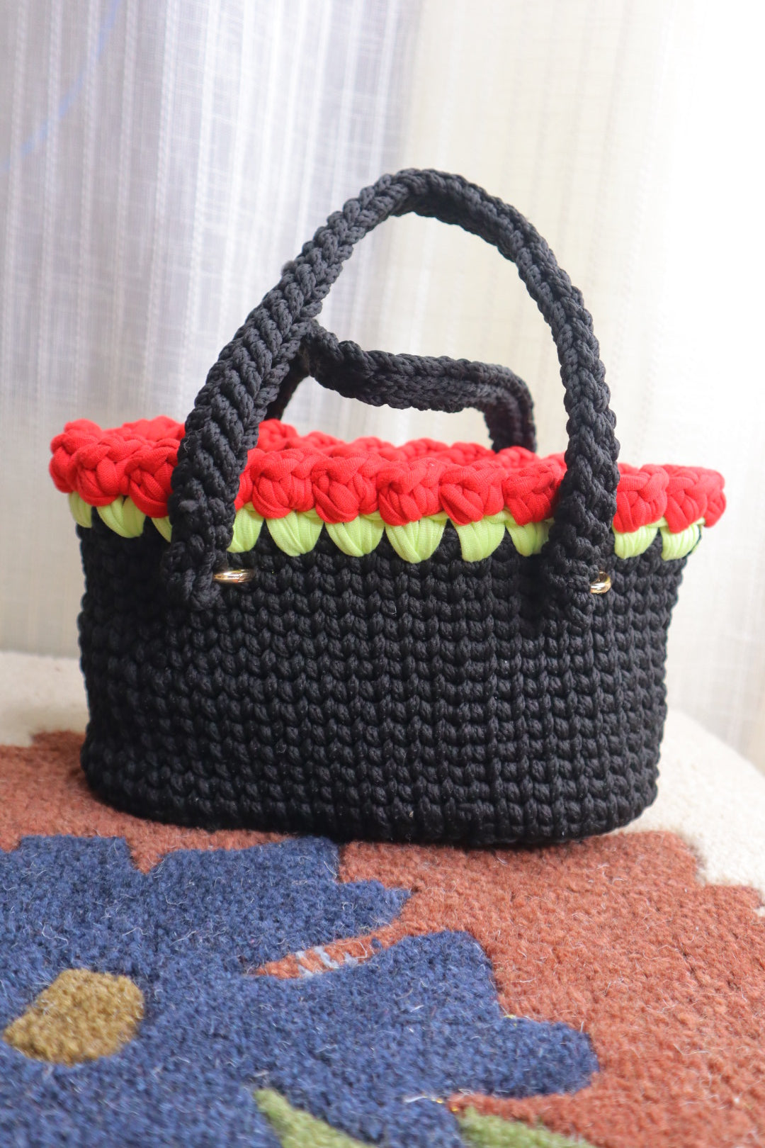 Red Tulips on Black Mini Crochet Bag