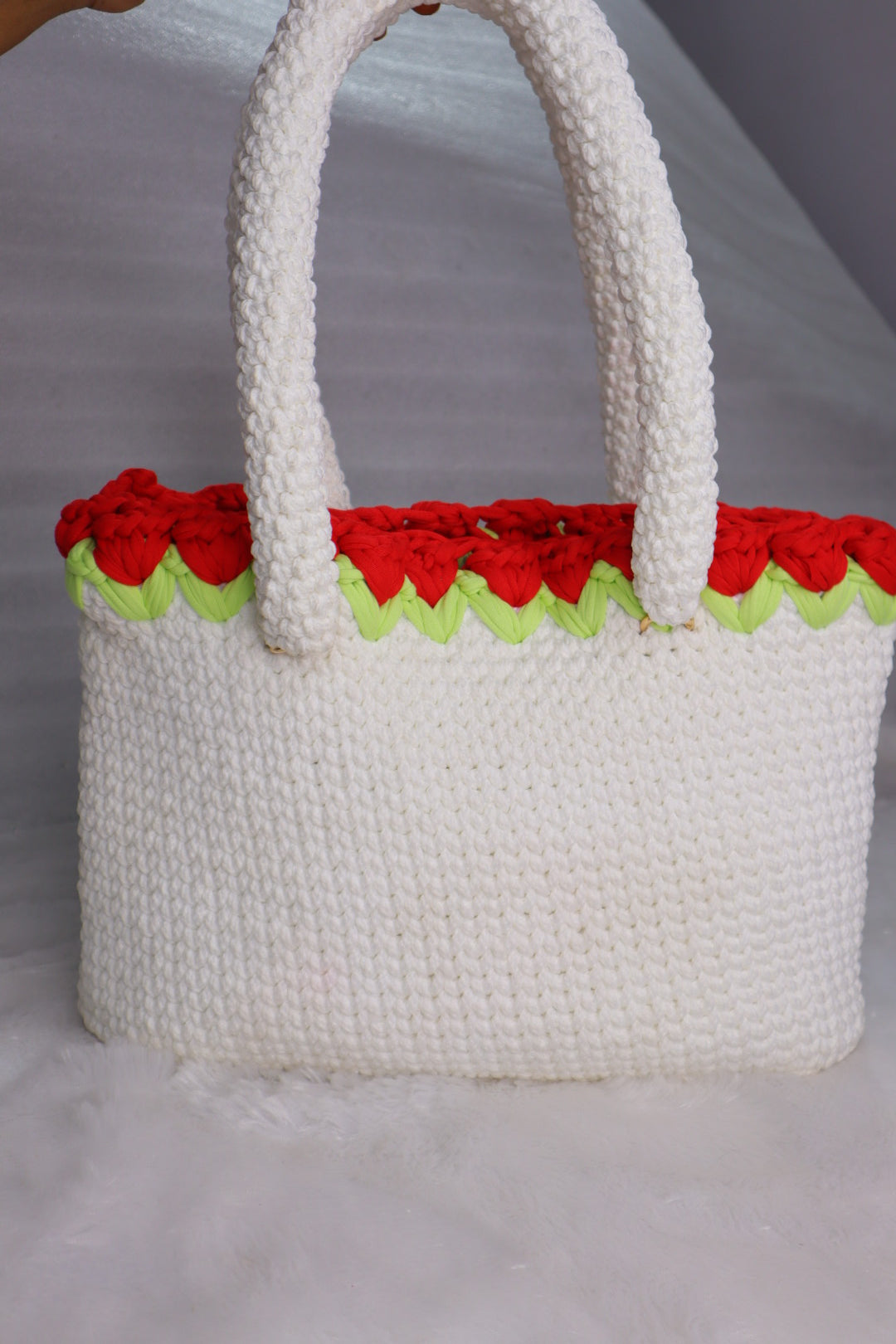 White Crochet Tote With Red Tulips
