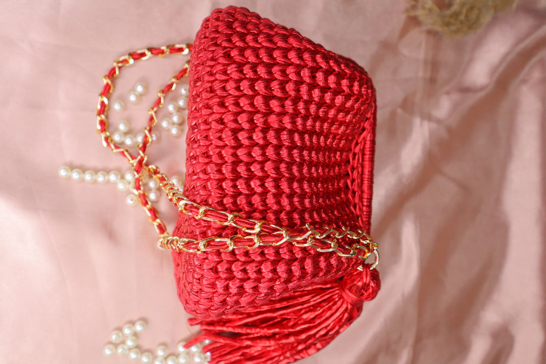 Metallic Red Crochet Clutch with Sling and Tassel