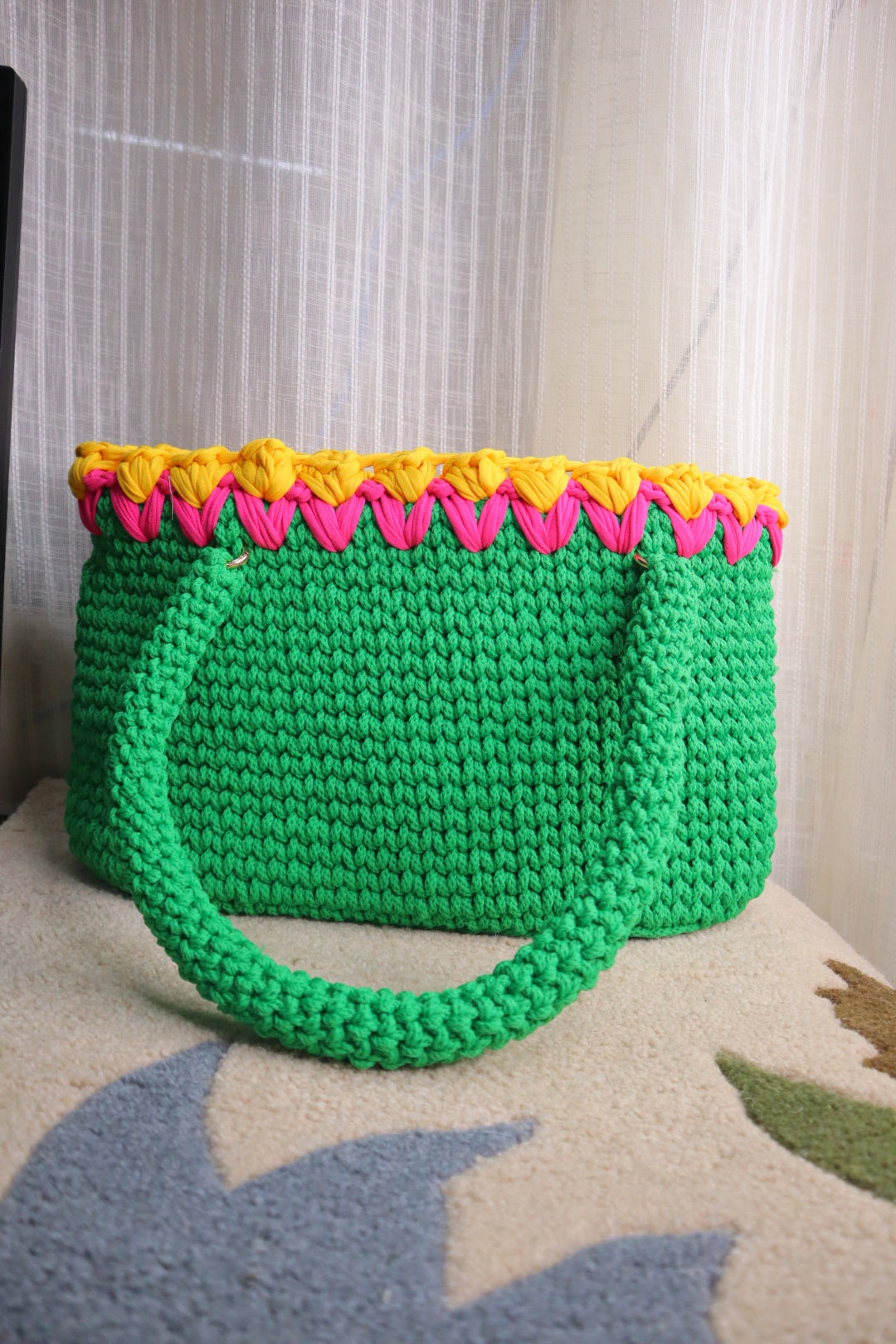 Green Crotchet Tote With Yellow Tulips