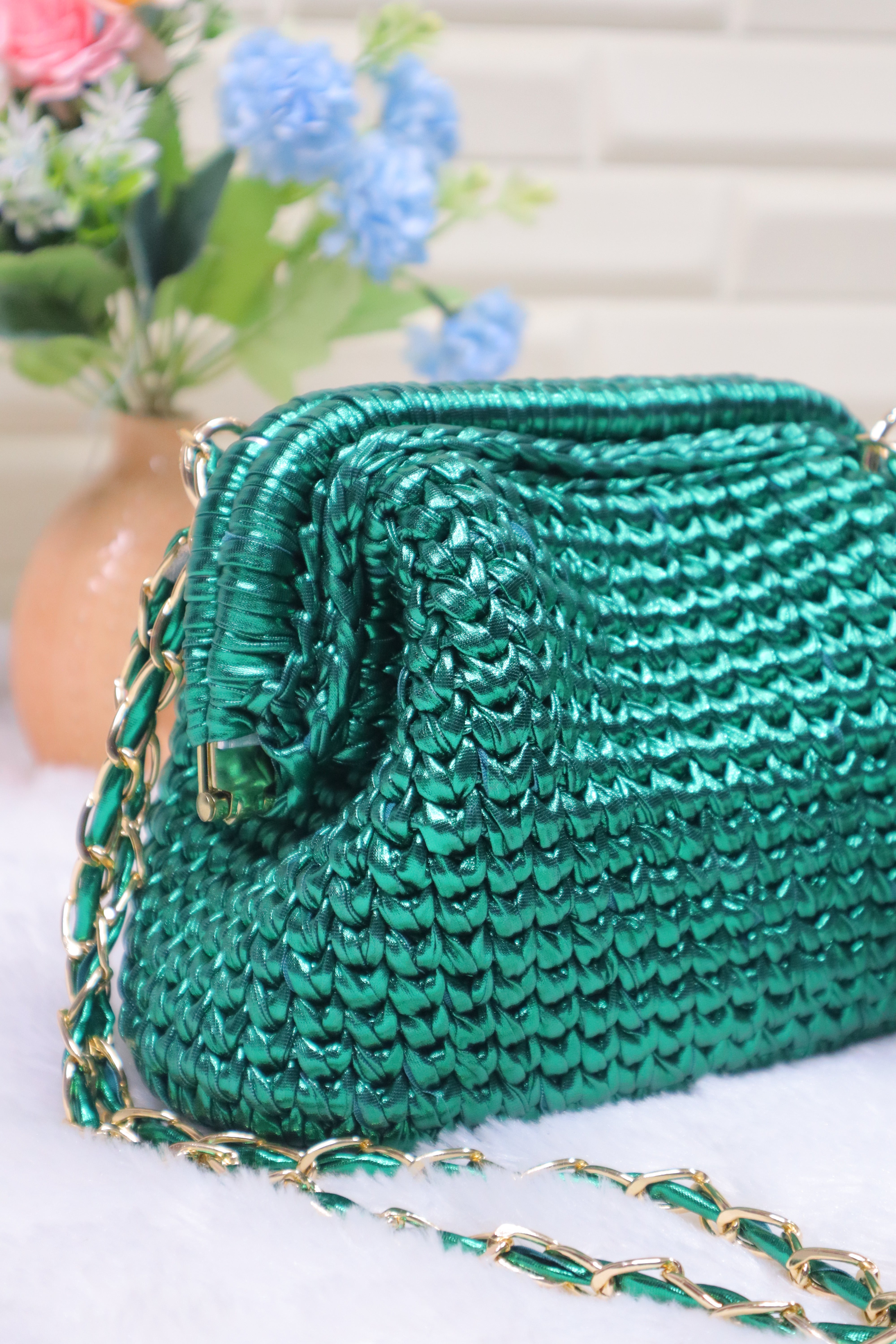 Metallic Green Luxe Crochet Clutch