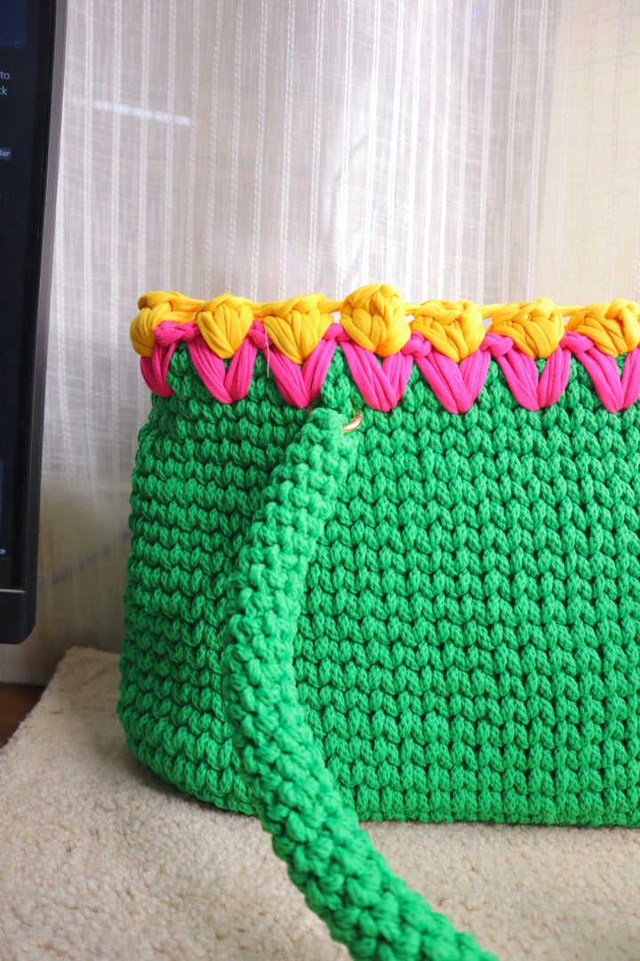 Green Crotchet Tote With Yellow Tulips