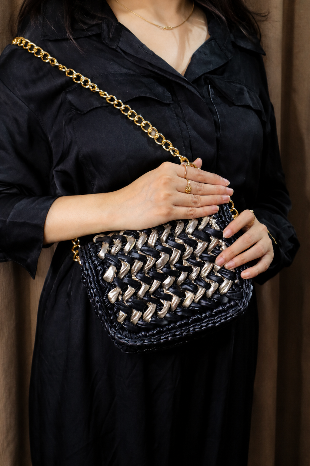 Waffle Black and Champagne Gold Bag