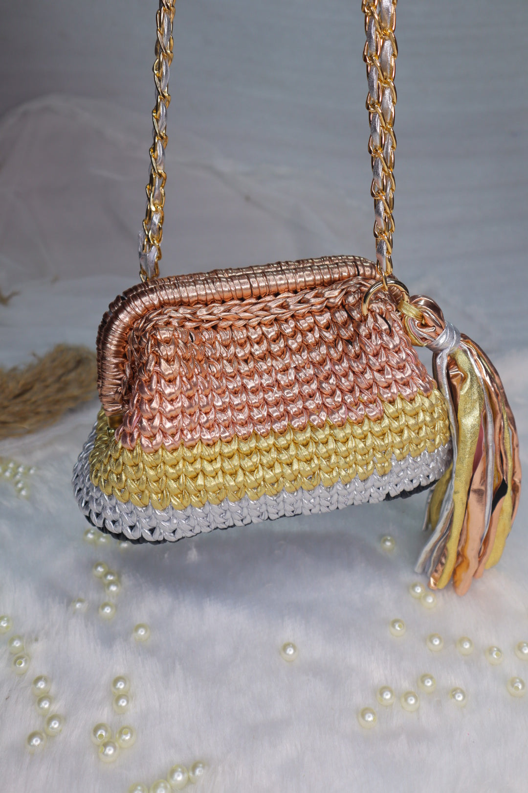 Multi Color Crochet Clutch with Sling and Tassel