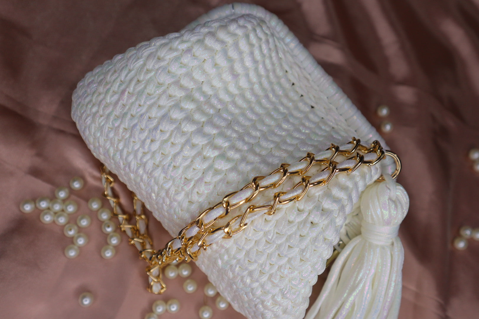 Shimmery White Crochet Clutch with Sling and Tassel