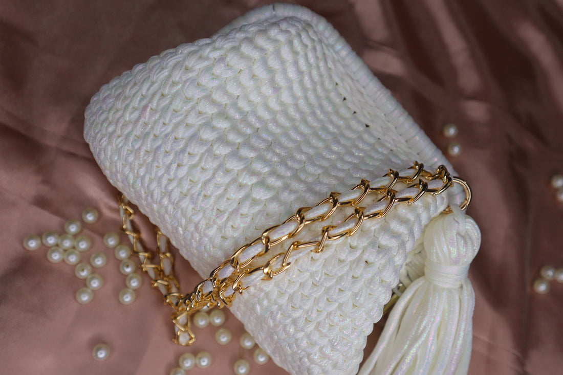 Shimmery White Crochet Clutch with Sling and Tassel