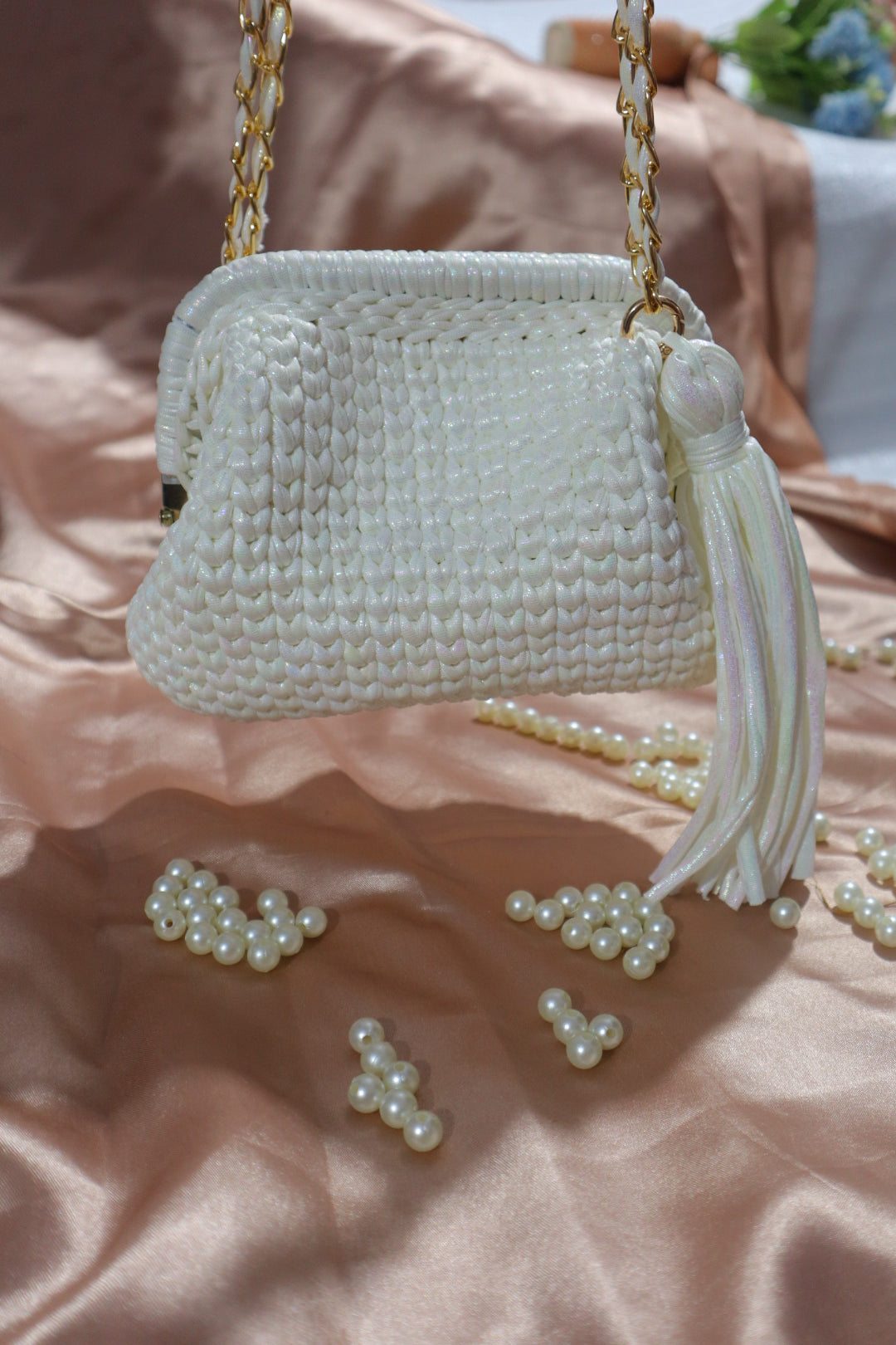 Shimmery White Crochet Clutch with Sling and Tassel