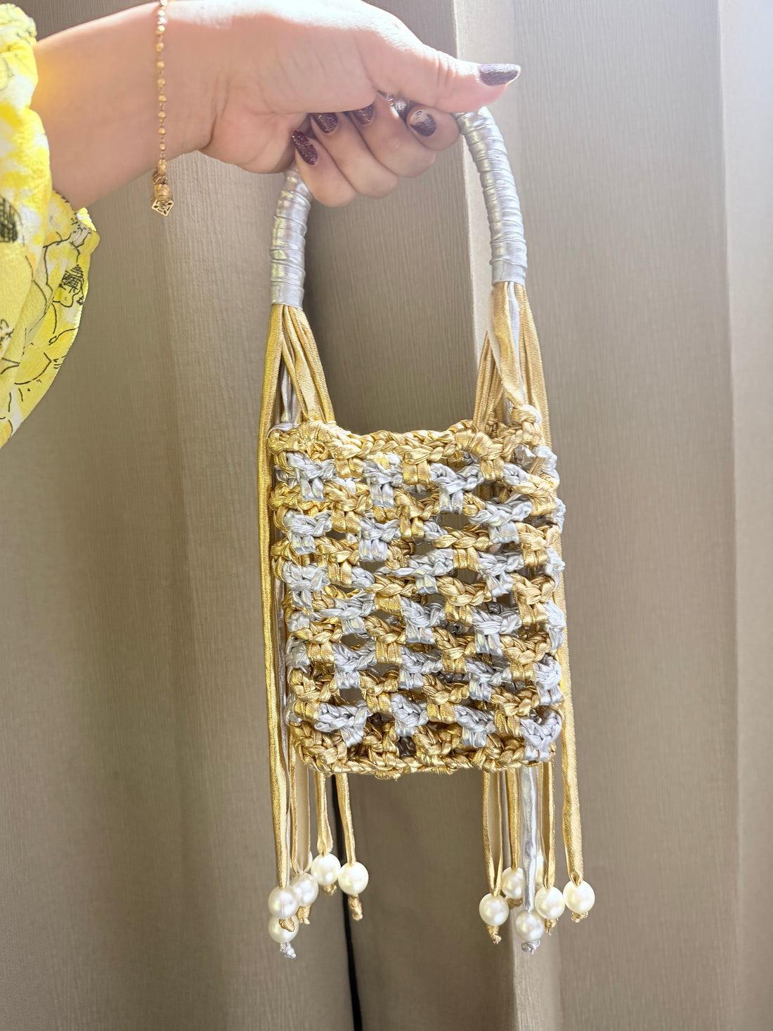 Silver Golden Phone Sling with Pearls