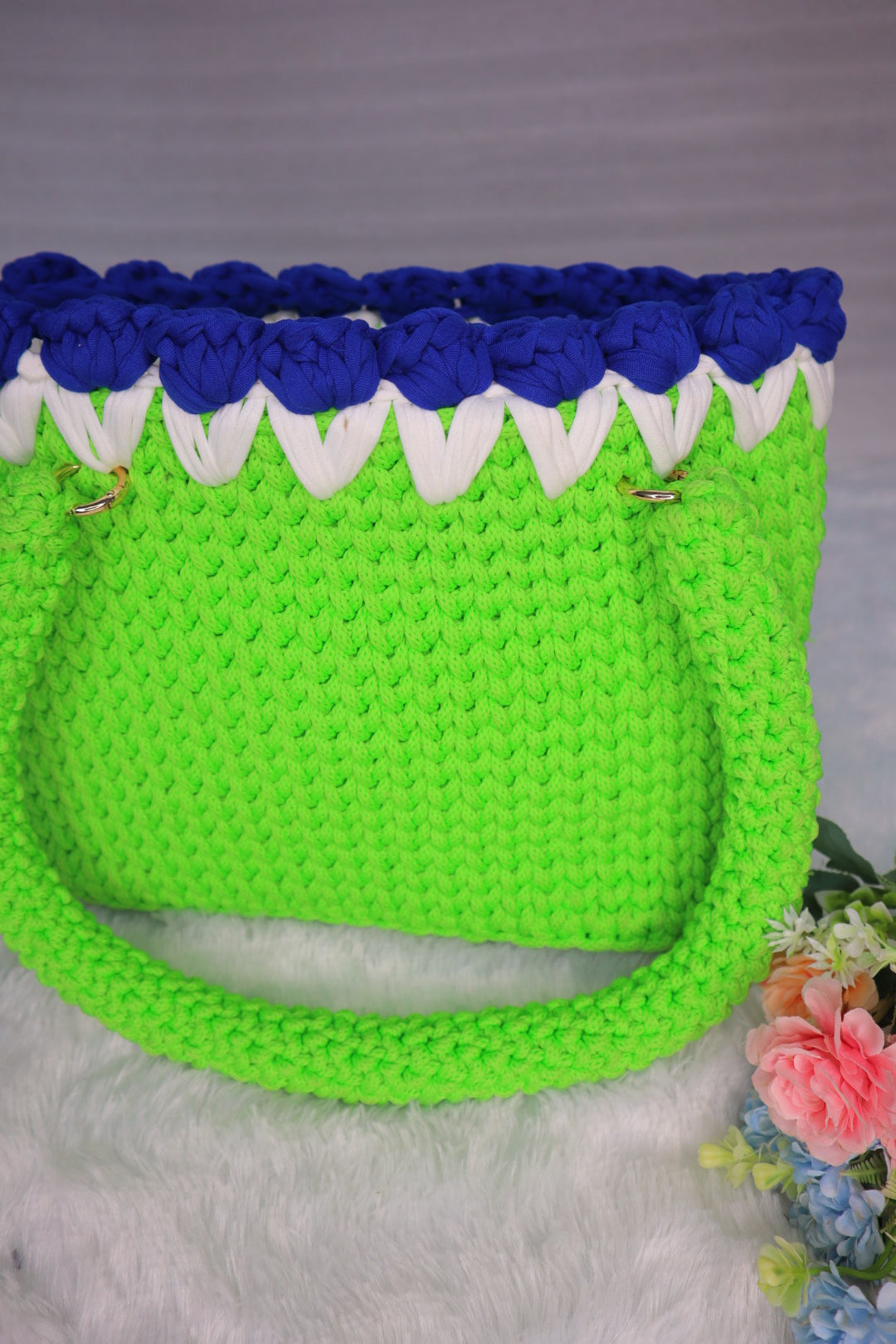 Lemon Crochet Tote With Blue Tulips