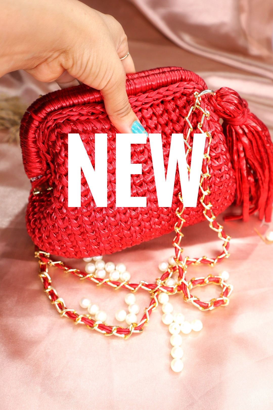Metallic Red Crochet Clutch with Sling and Tassel