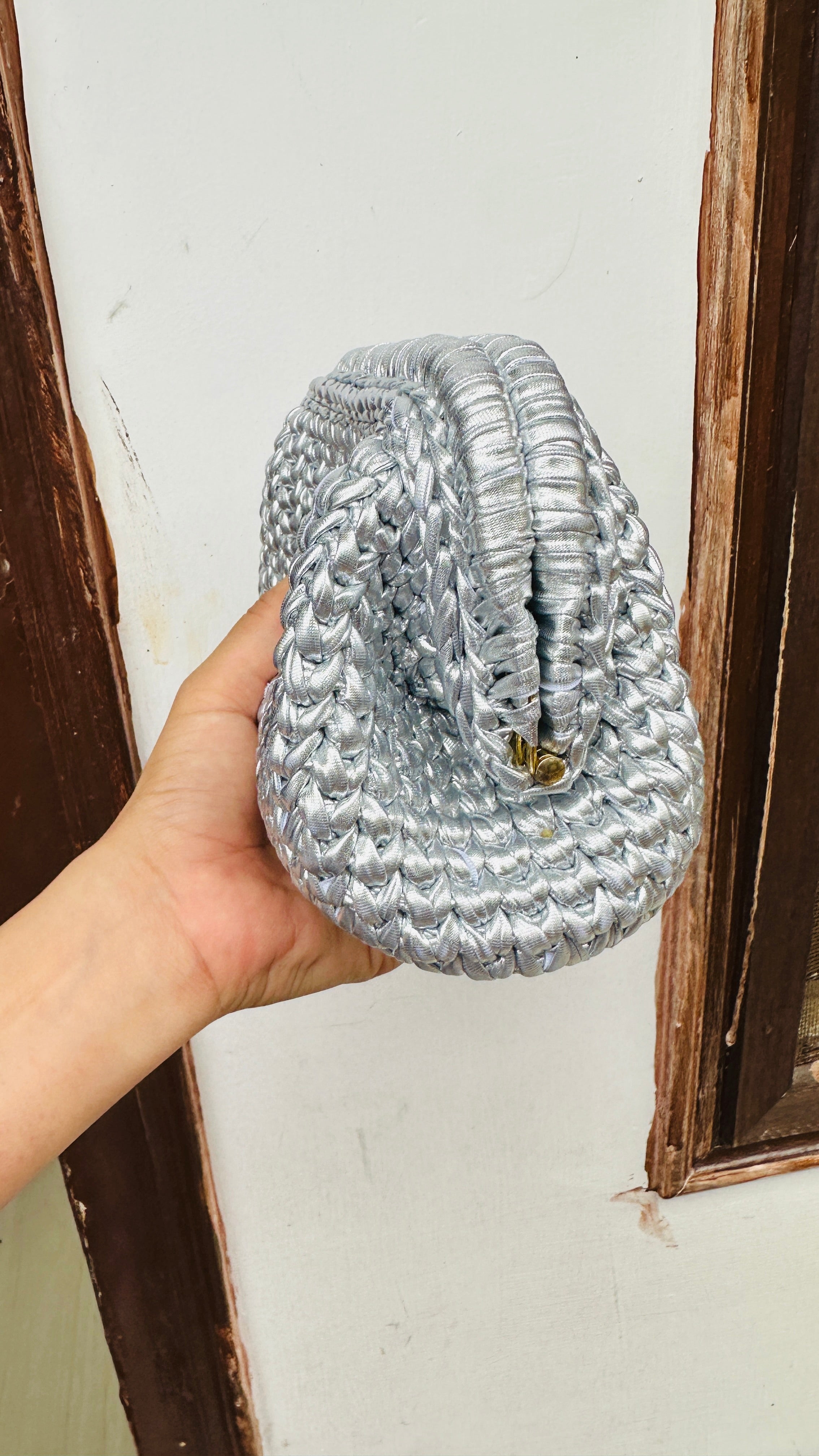 Silver Metallic Crochet Clutch