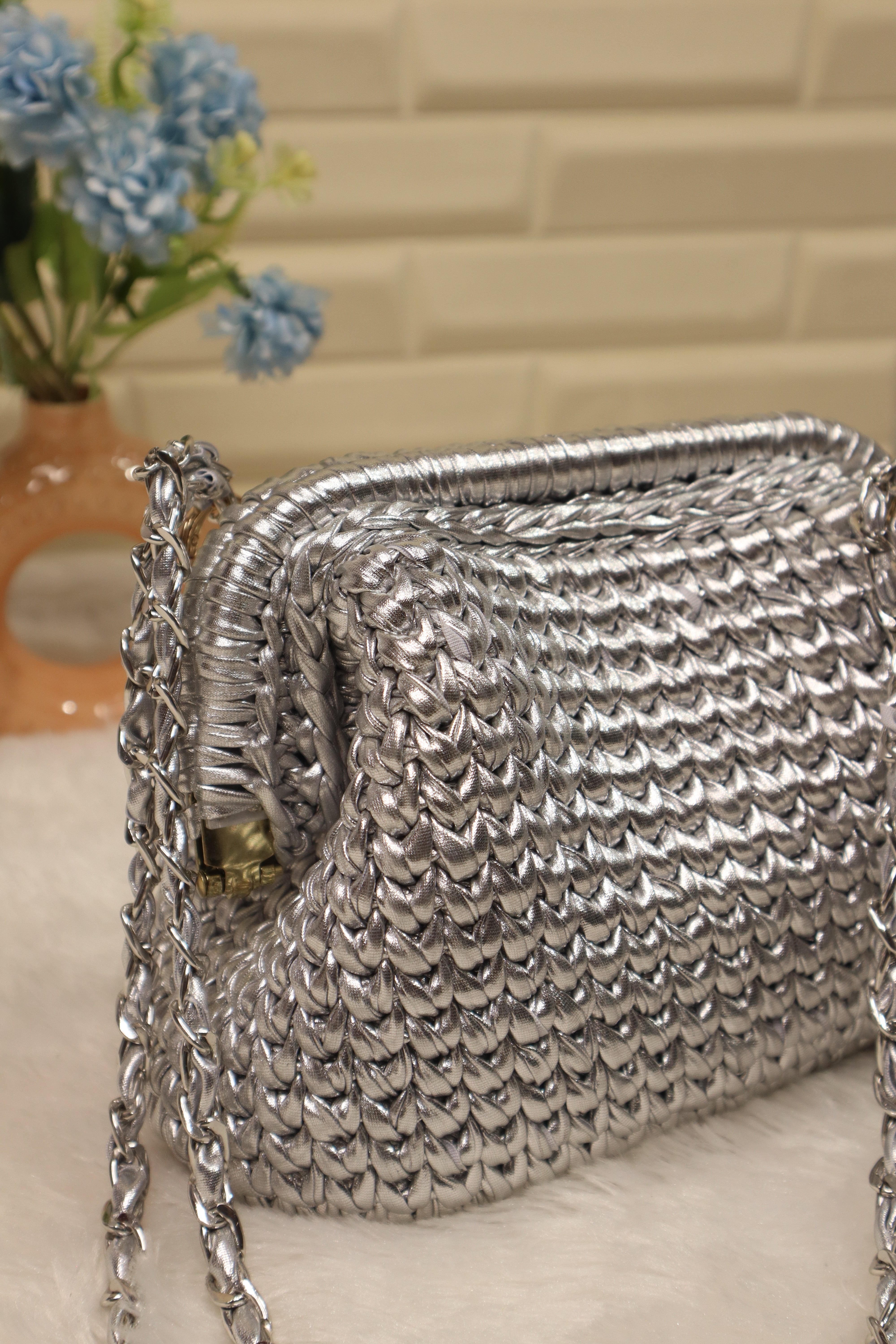 Silver Metallic Crochet Clutch