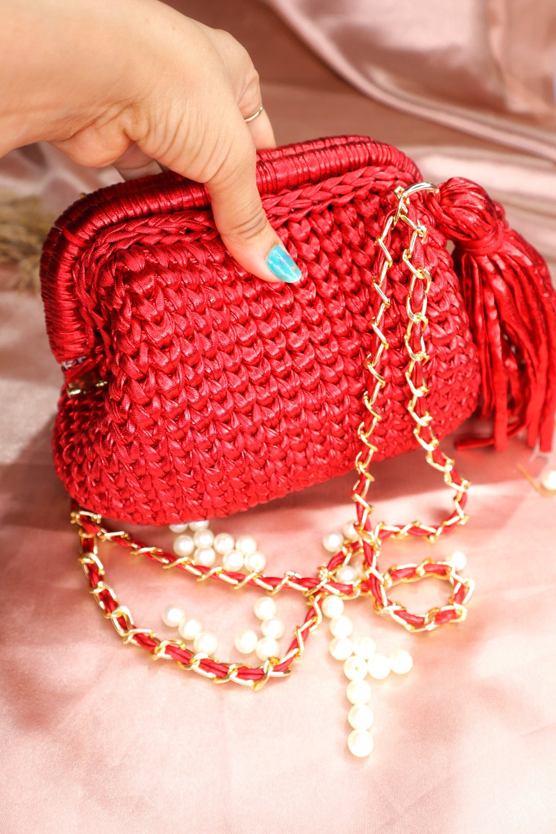 Metallic Red Crochet Clutch with Sling and Tassel