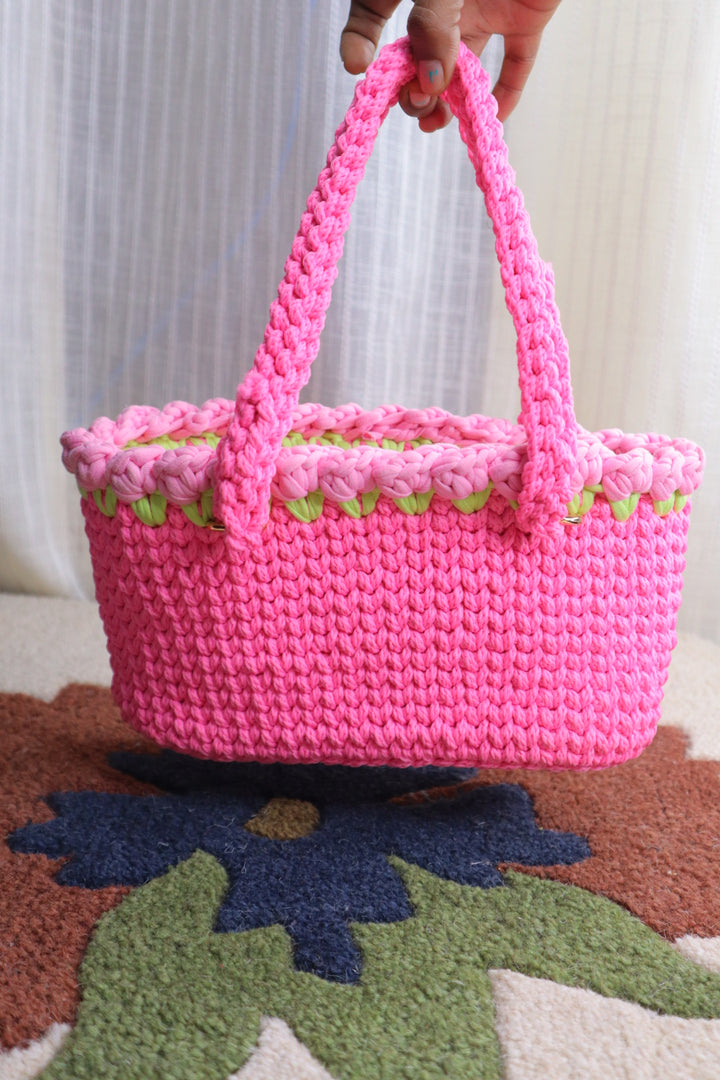 White Tulips on Pink Mini Crochet Bag