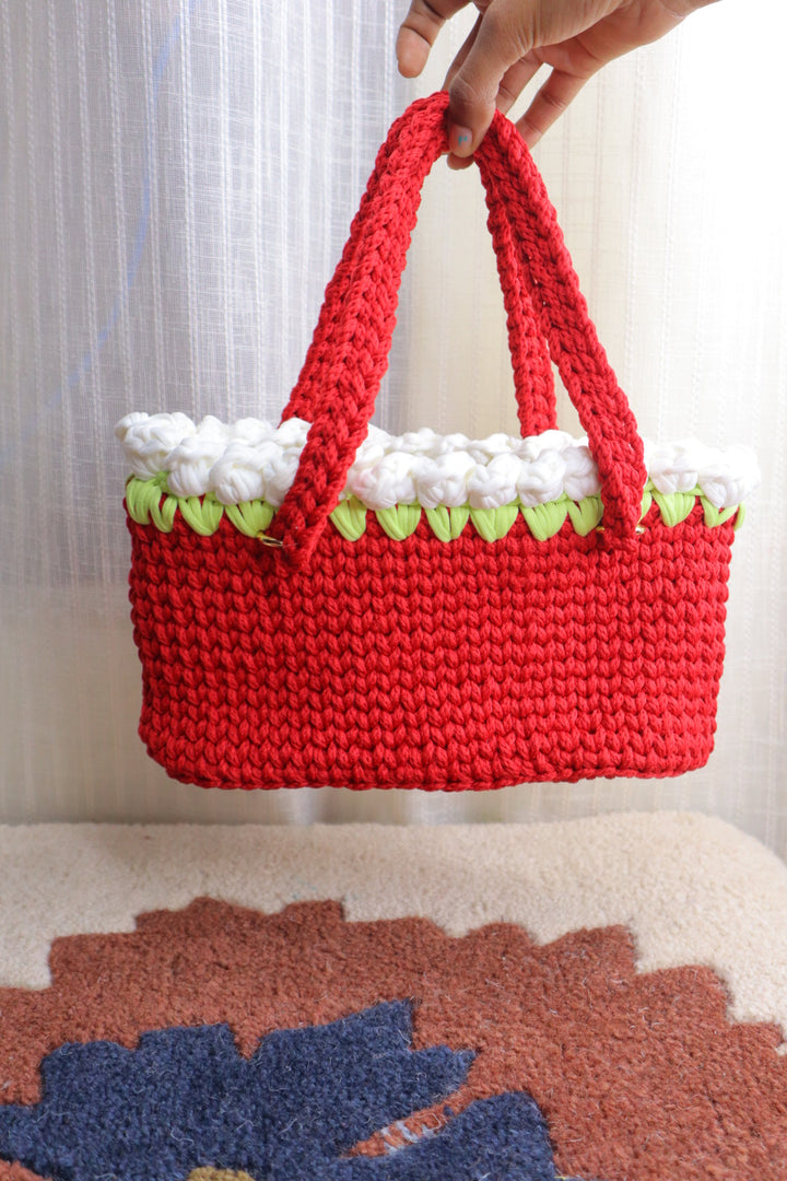 White Tulips on Red Mini Crochet Bag