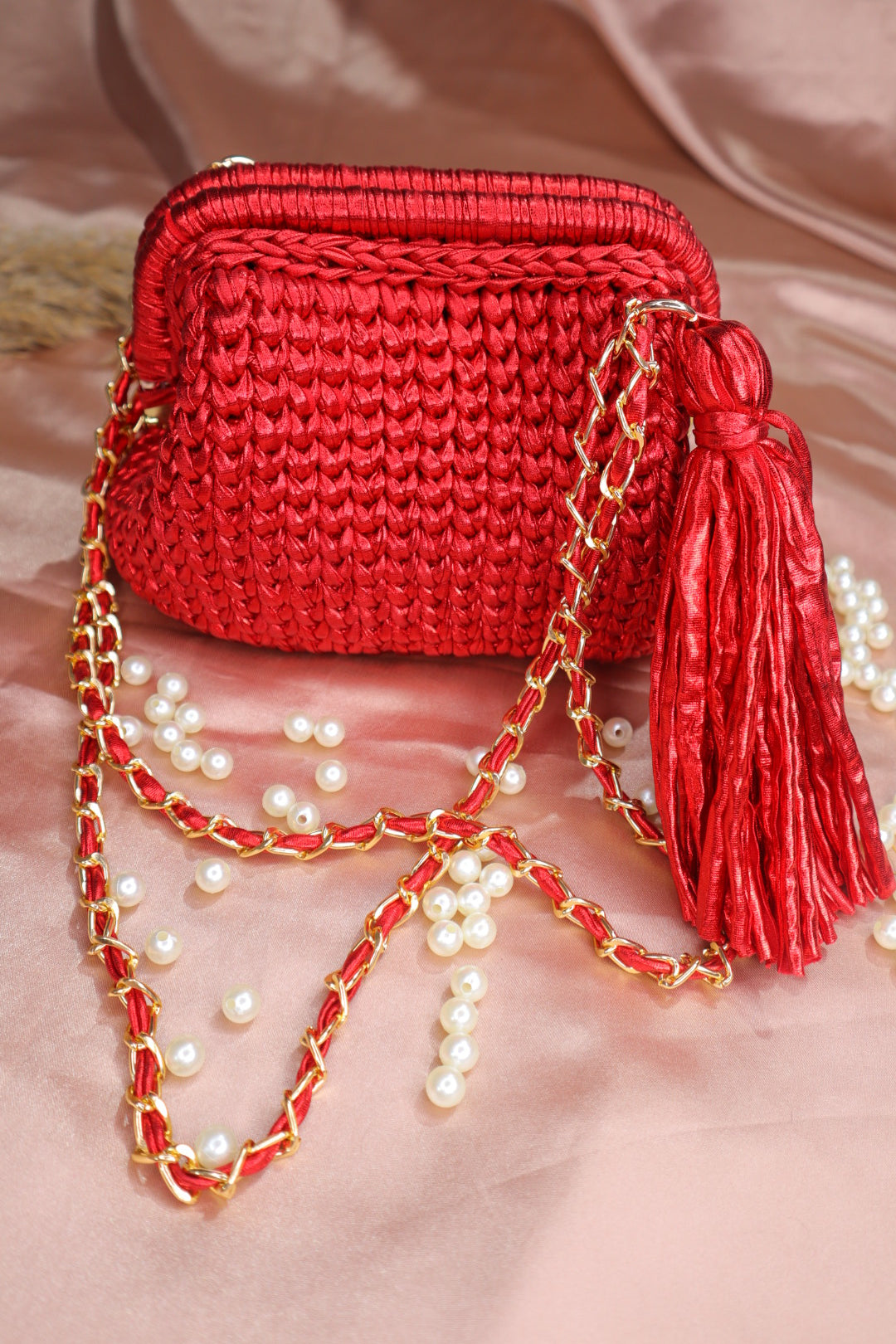 Metallic Red Crochet Clutch with Sling and Tassel