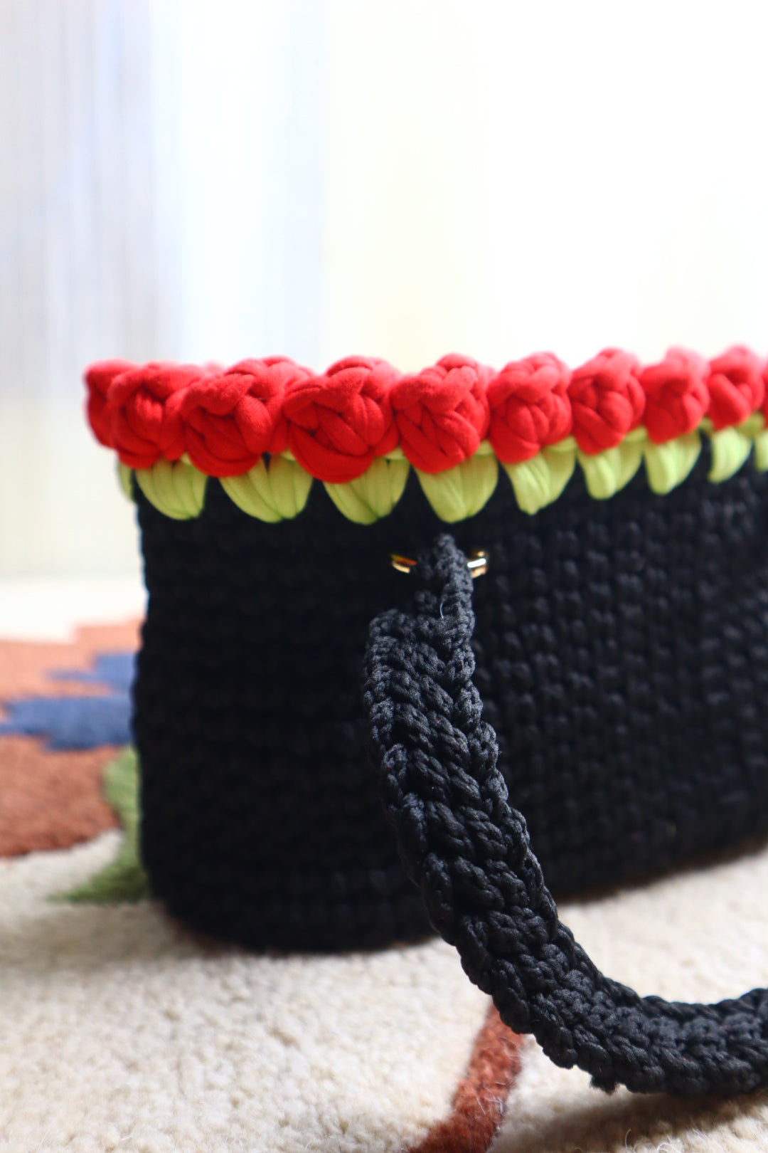 Red Tulips on Black Mini Crochet Bag