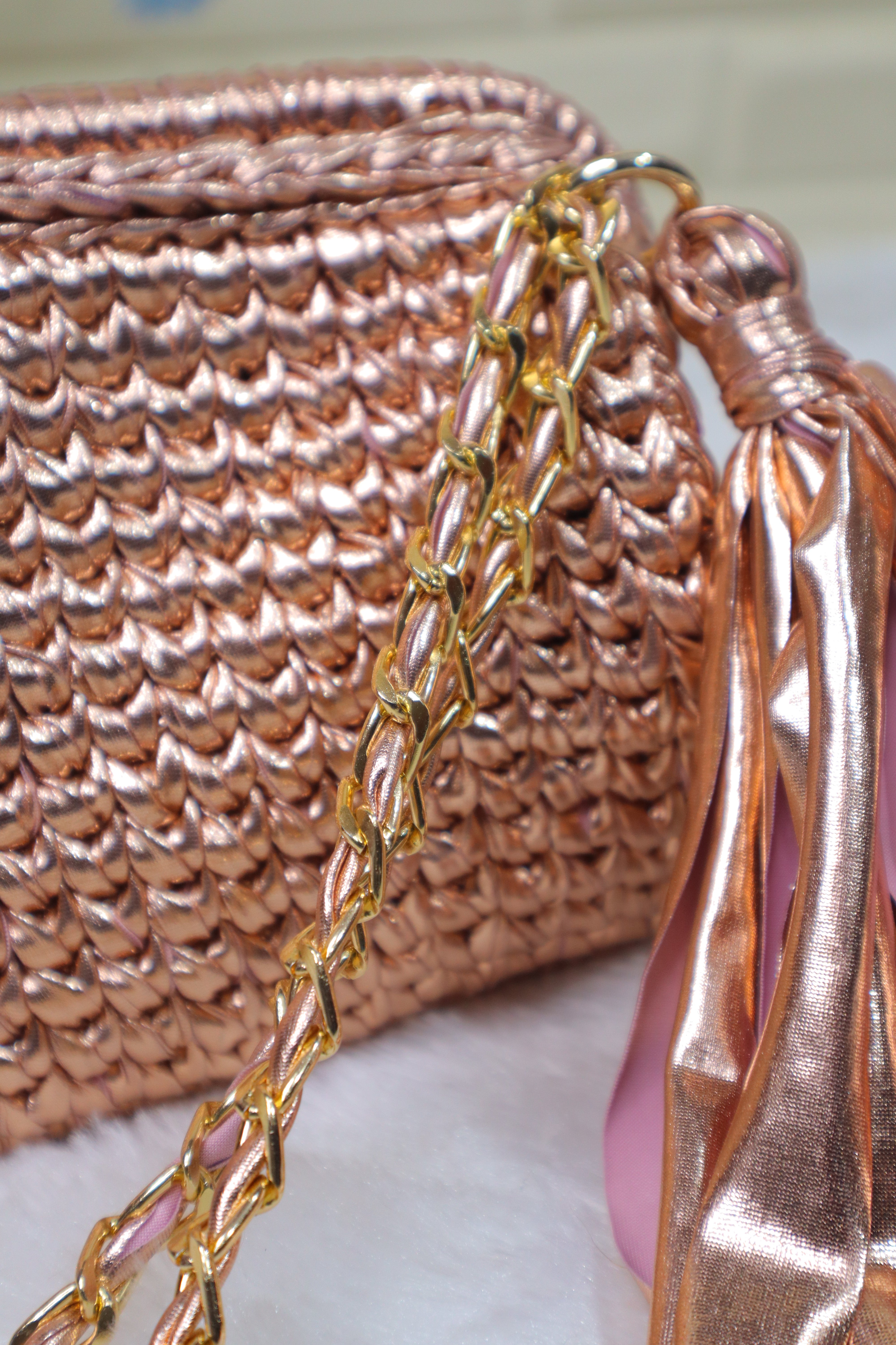 Rose Gold Crochet Clutch with Sling and Tassel