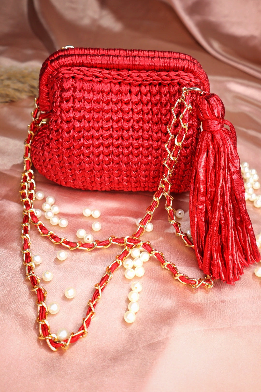 Metallic Red Crochet Clutch with Sling and Tassel