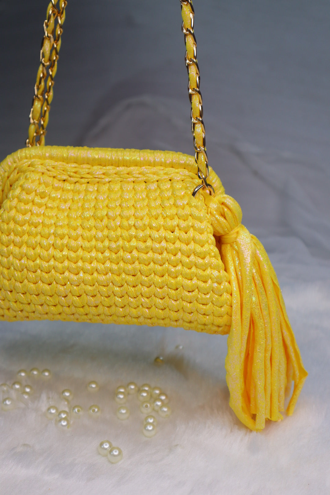 Shimmery Yellow Crochet Clutch with Sling and Tassel