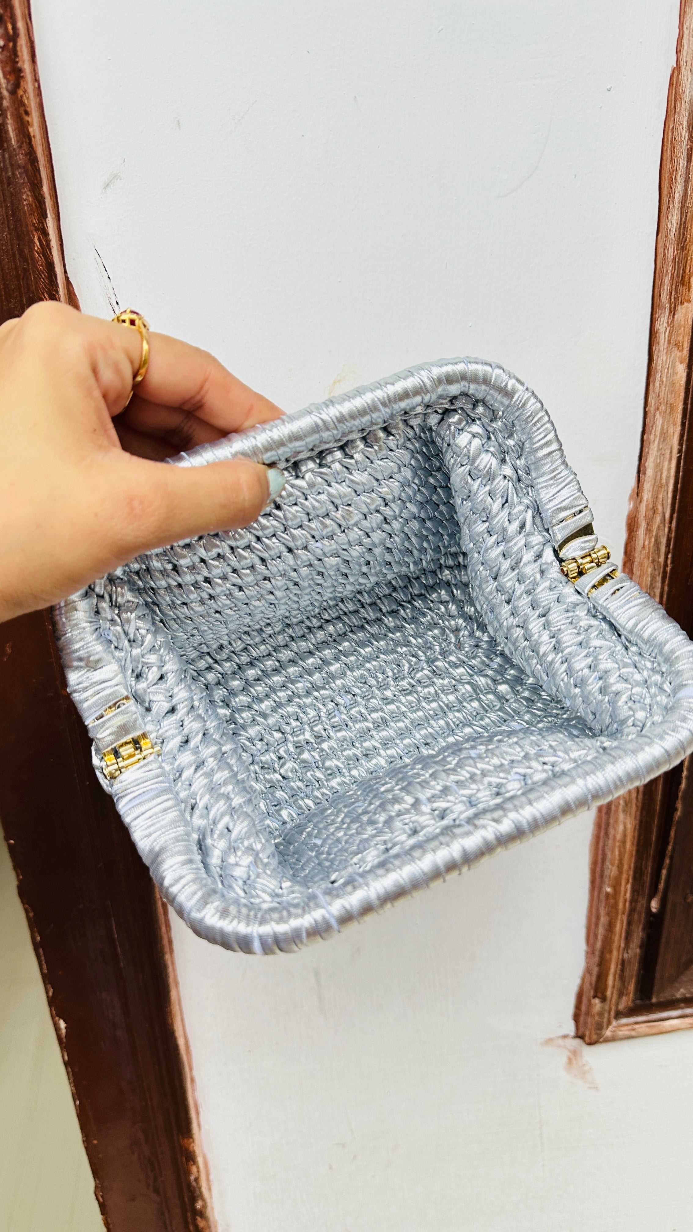 Silver Metallic Crochet Clutch