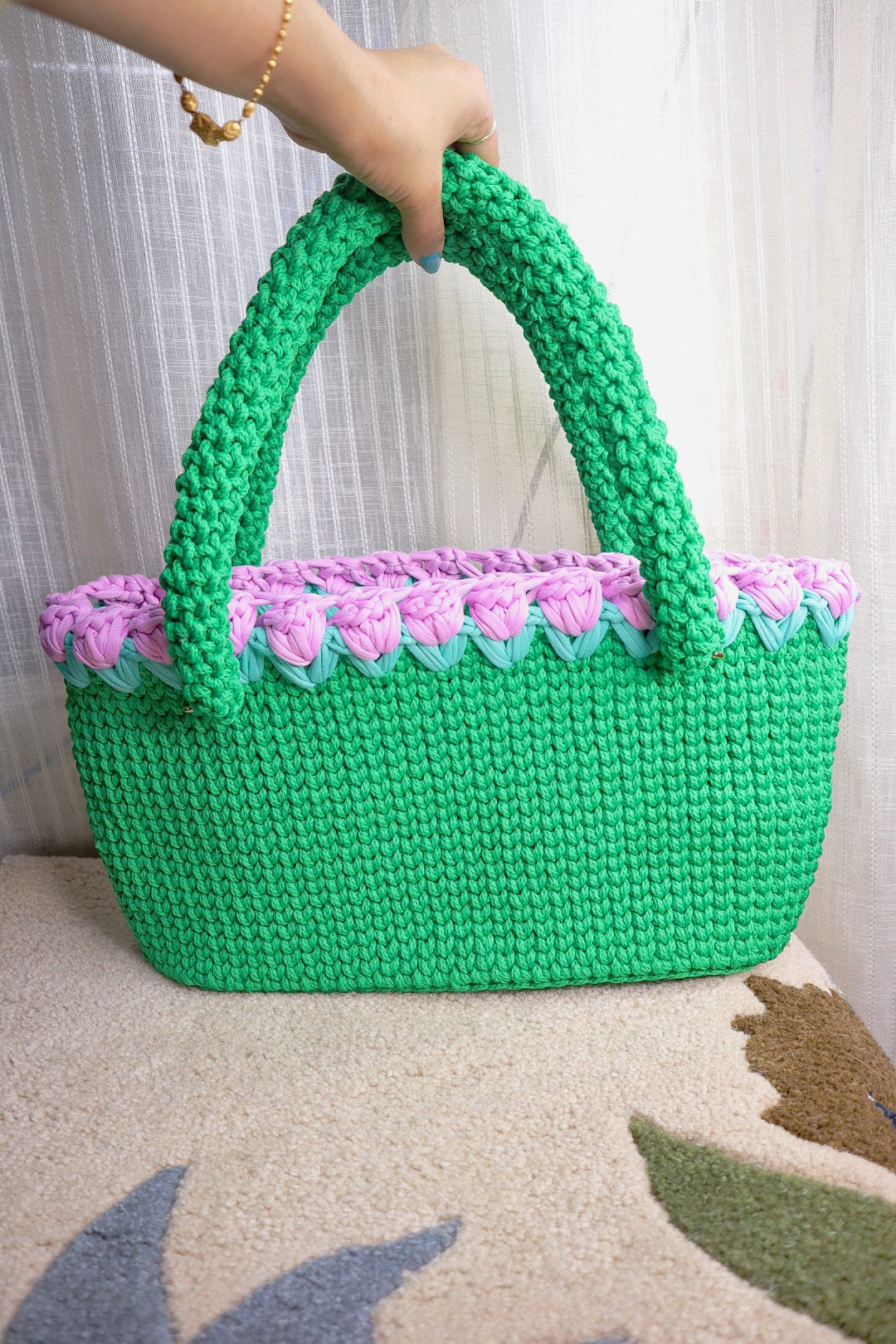Green Crotchet Tote With Purple Tulips