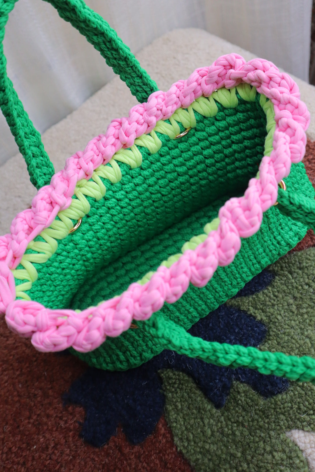 Pink Tulips on Green Mini Crochet Bag