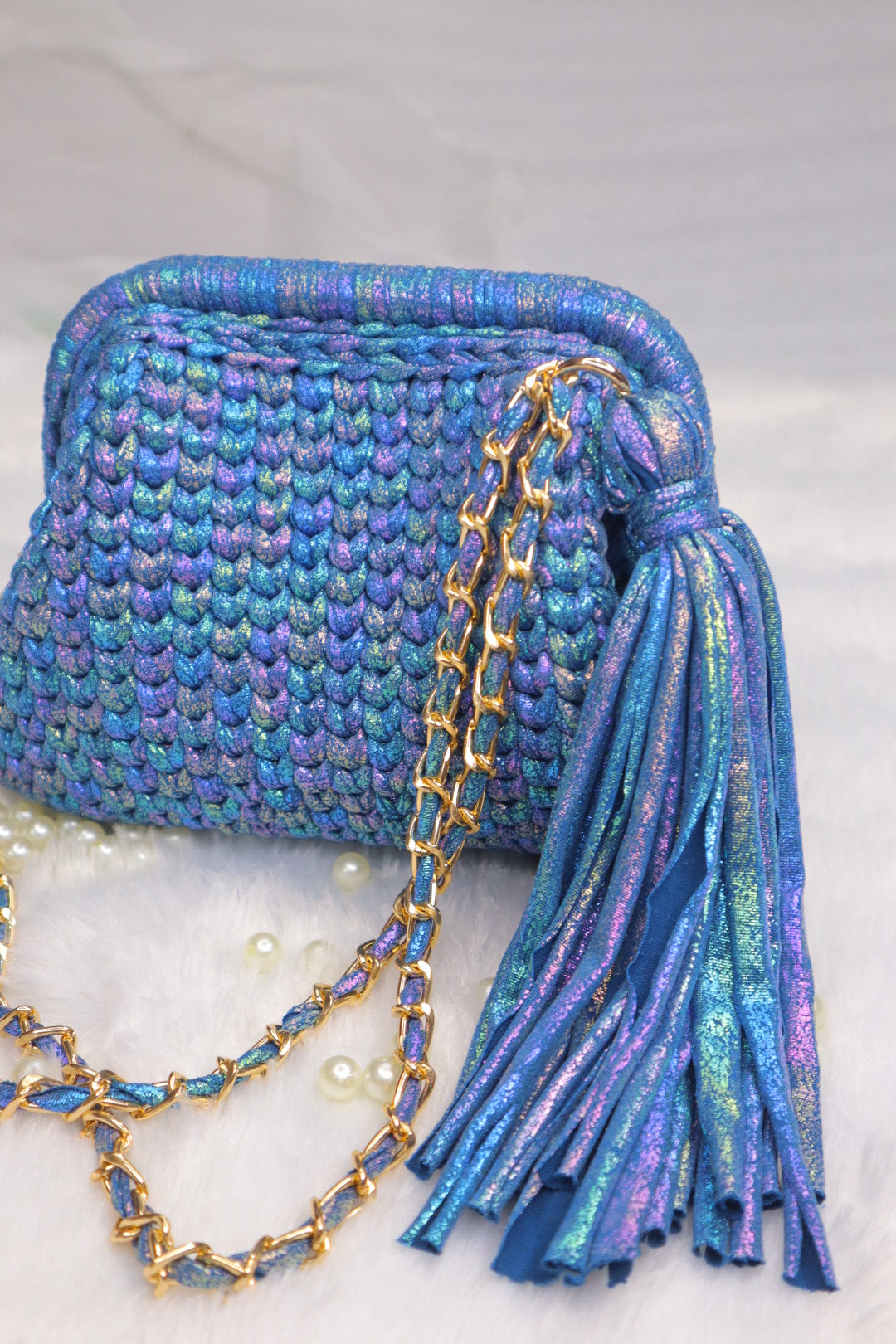 Shimmery Blue Crochet Clutch with Sling and Tassel