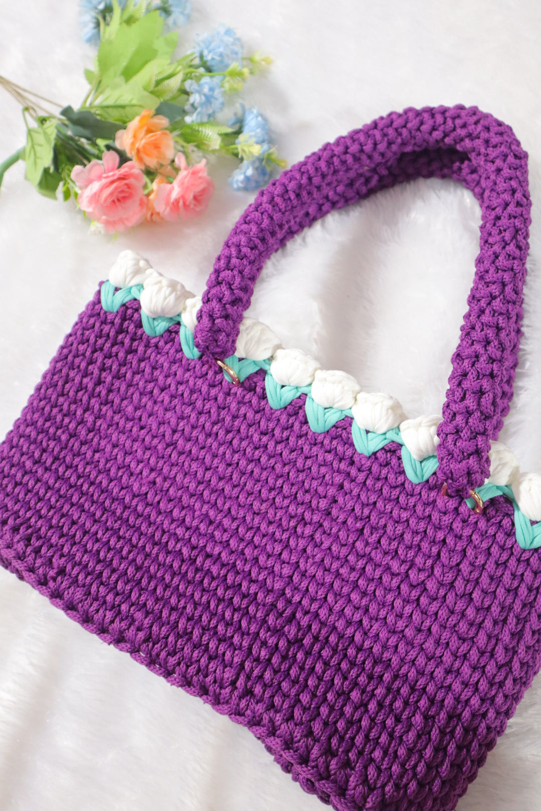 Purple Crochet Tote With White Tulips