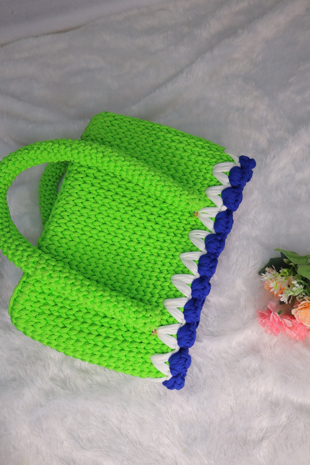 Lemon Crochet Tote With Blue Tulips