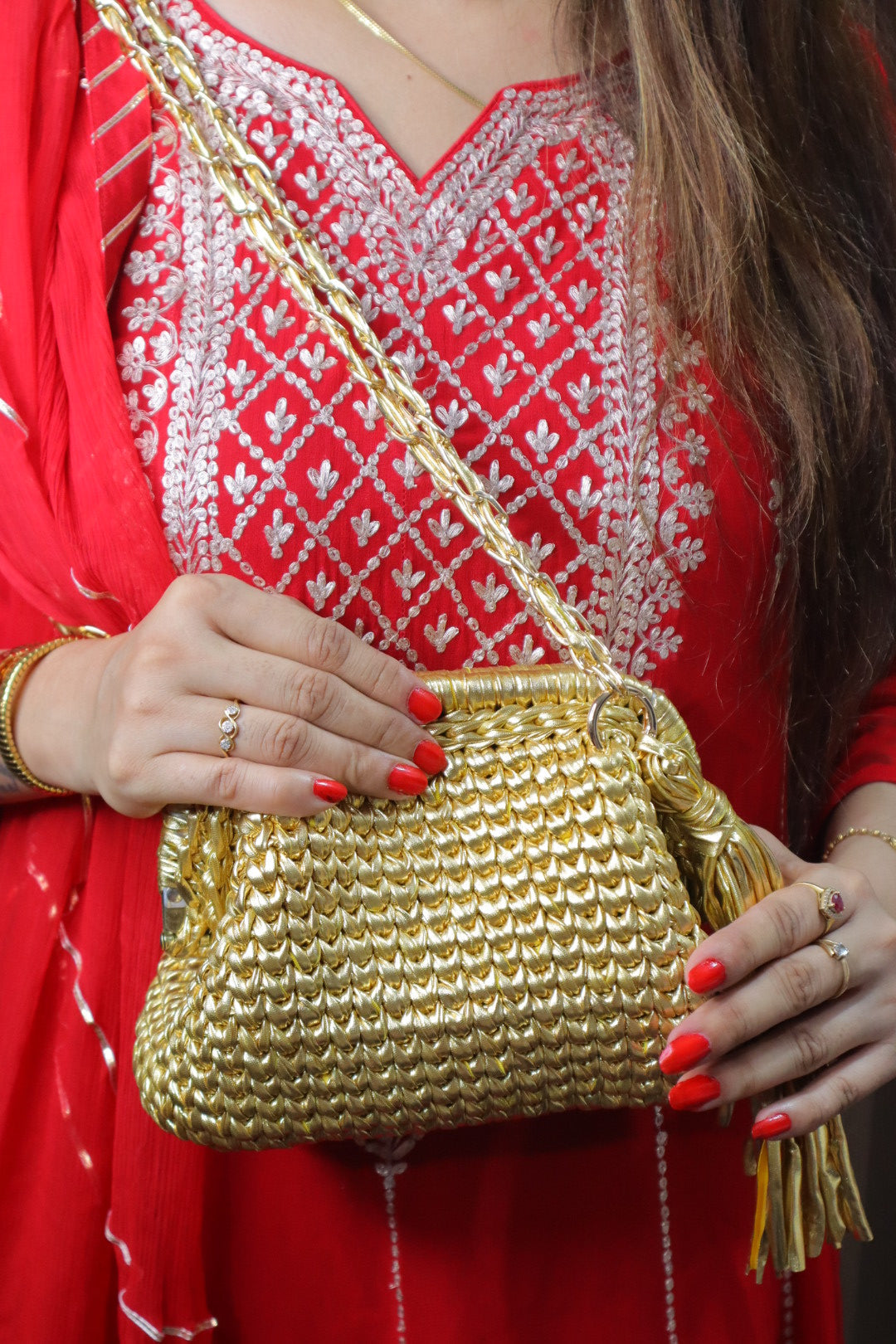 Golden Luxe Metallic Crochet Clutch with Sling and Tassel