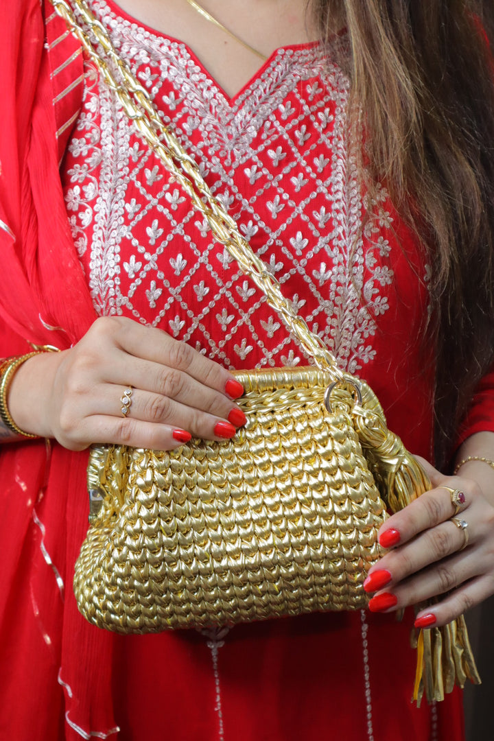 Golden Luxe Metallic Crochet Clutch with Sling and Tassel