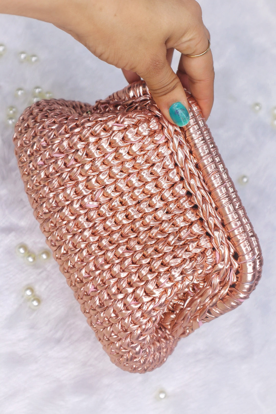 Rose Gold Crochet Clutch with Sling and Tassel