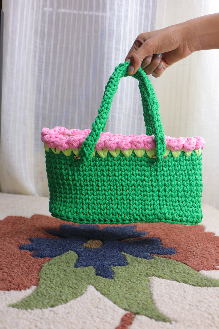 Pink Tulips on Green Mini Crochet Bag