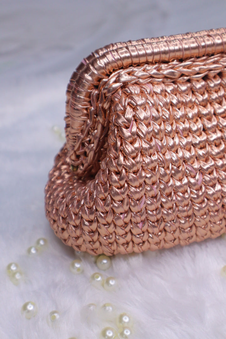 Rose Gold Crochet Clutch with Sling and Tassel