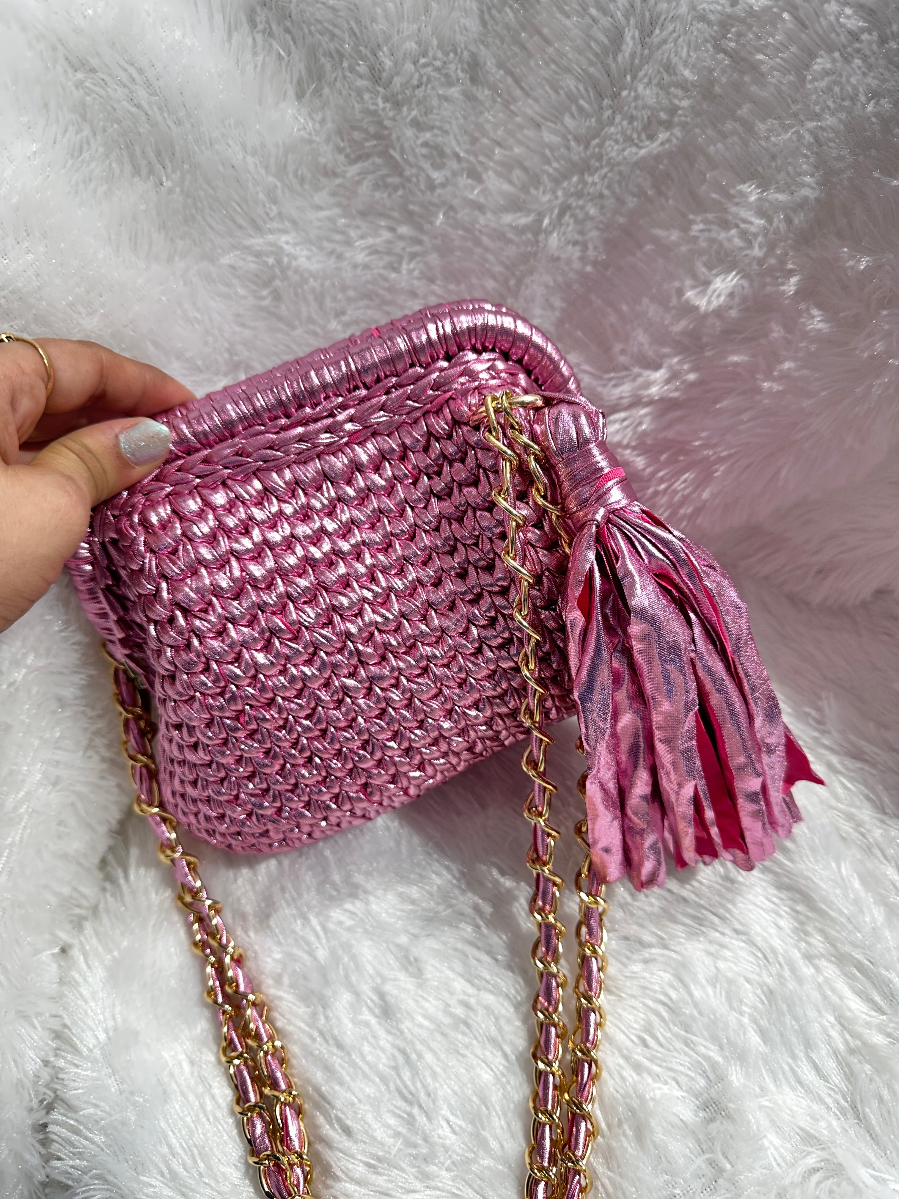 Pink Petal Metallic Crochet Clutch with Sling and Tassel
