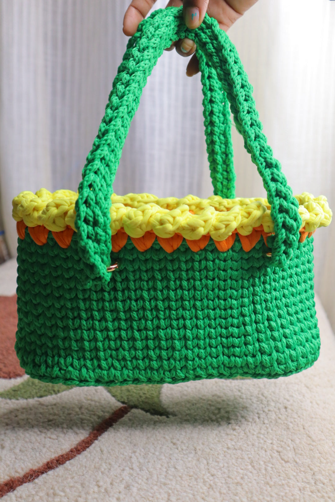 Yellow Tulips on Green Mini Crochet Bag