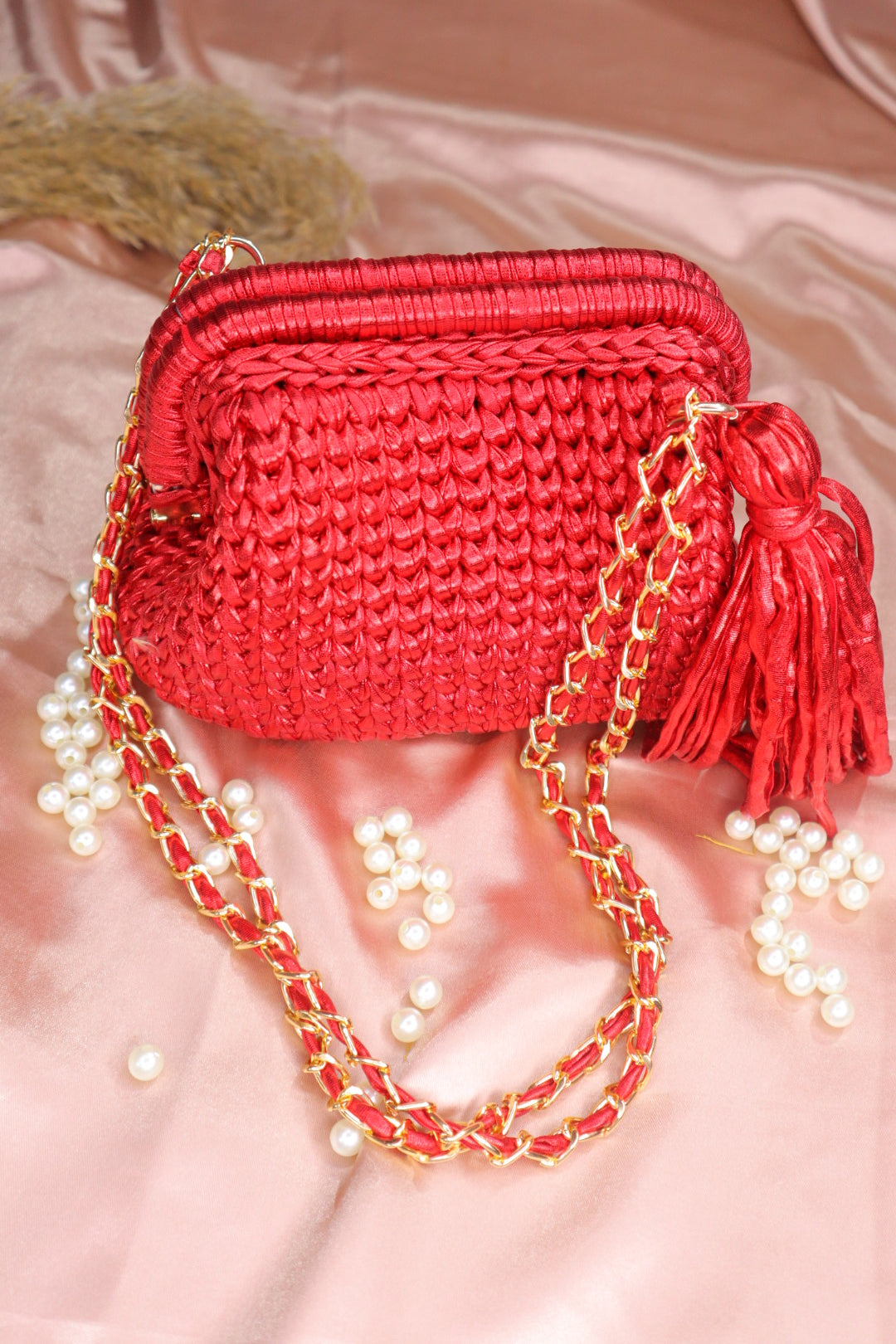 Metallic Red Crochet Clutch with Sling and Tassel