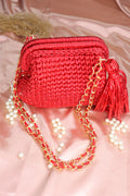 Metallic Red Crochet Clutch with Sling and Tassel
