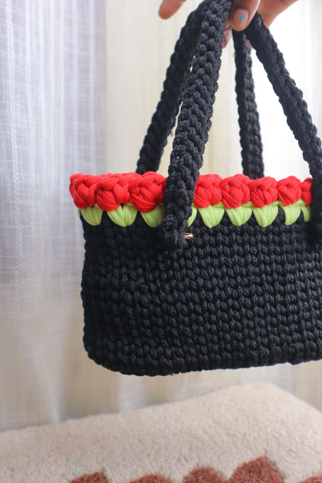 Red Tulips on Black Mini Crochet Bag