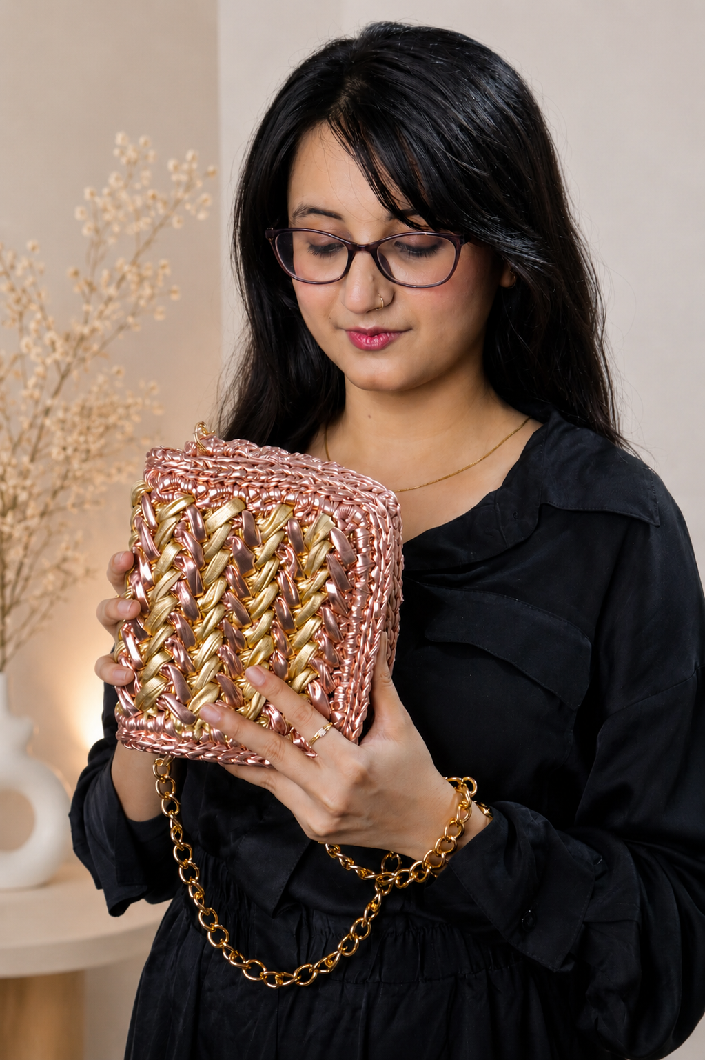 Waffle Rose Gold Champagne Gold Bag
