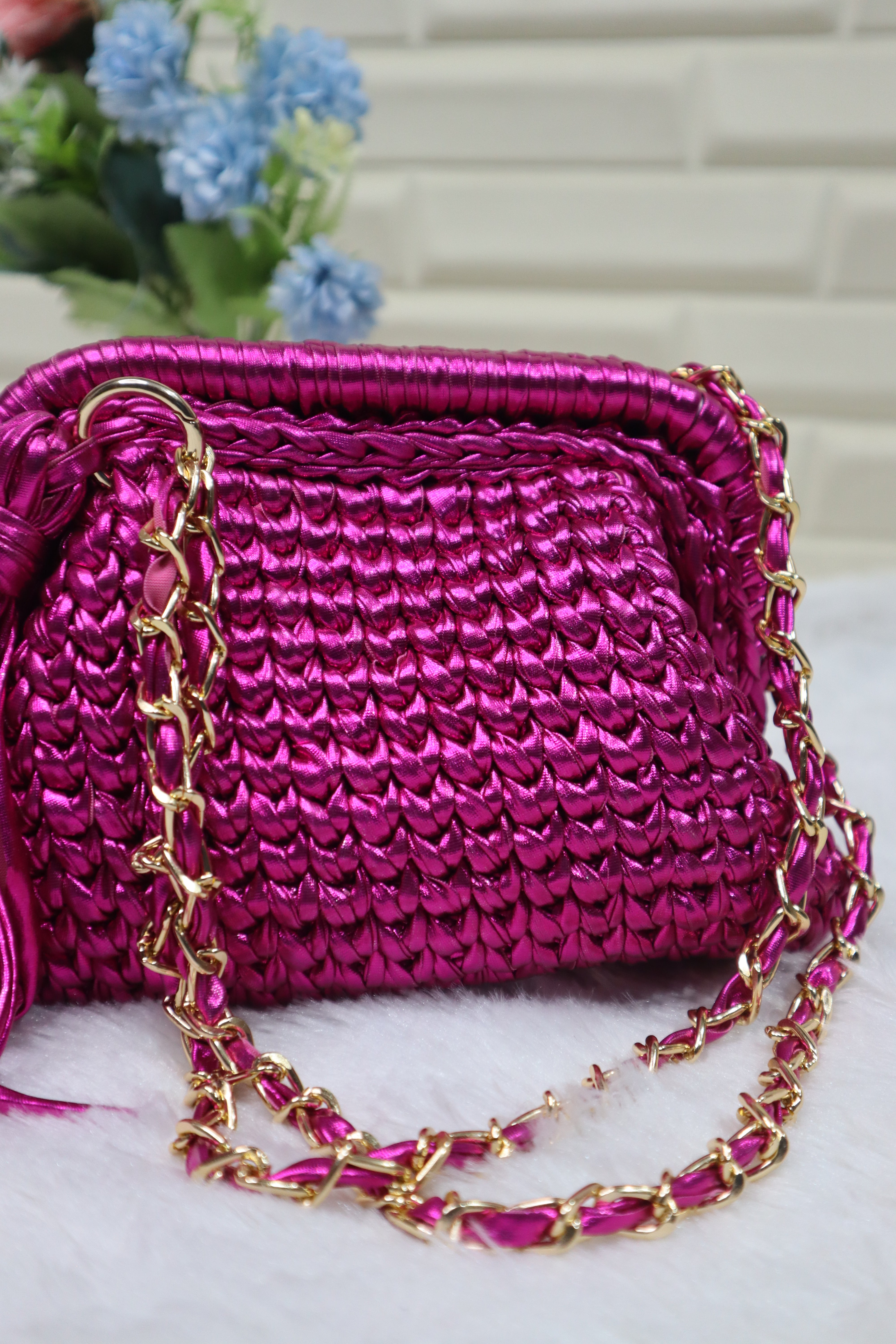 Hot Pink Glam Metallic Crochet Clutch