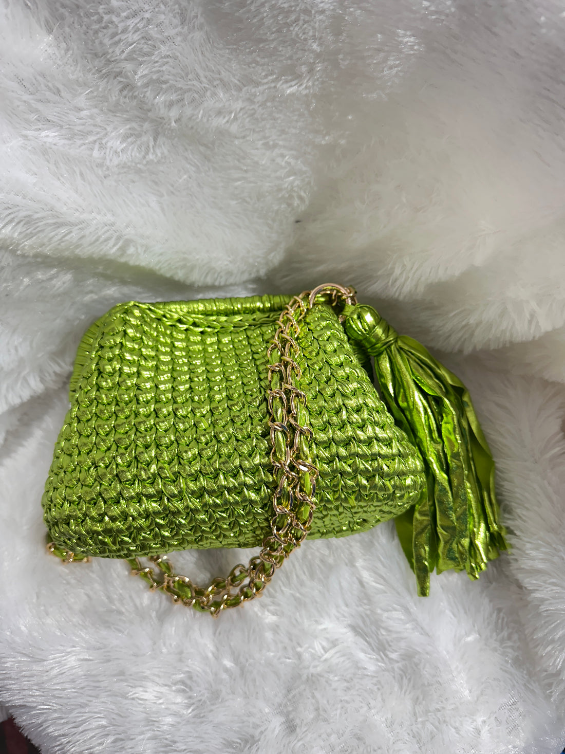 Lime Green Metallic Crochet Clutch with Sling and Tassel