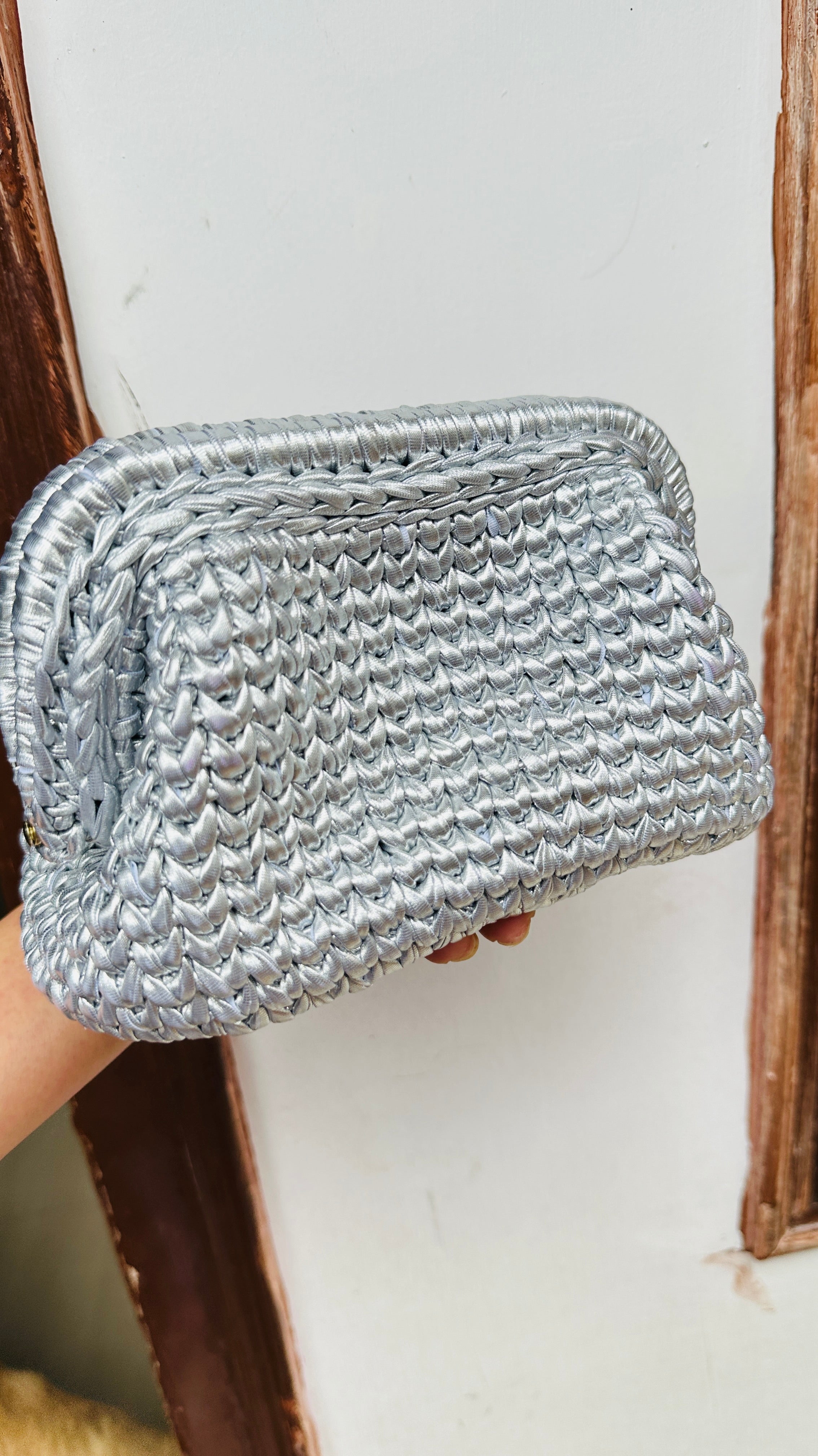 Silver Metallic Crochet Clutch