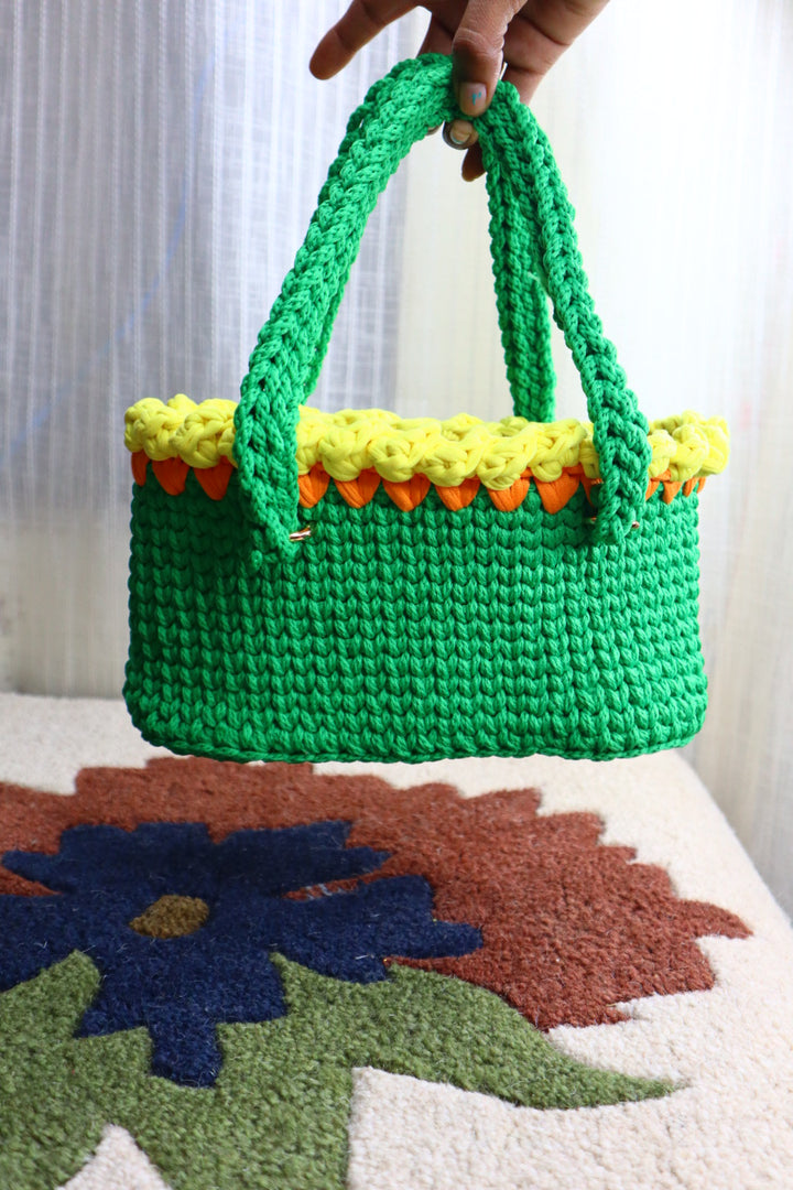 Yellow Tulips on Green Mini Crochet Bag