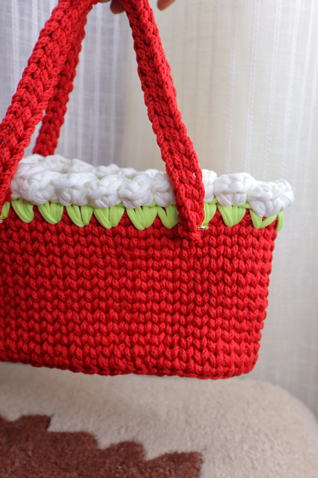 White Tulips on Red Mini Crochet Bag