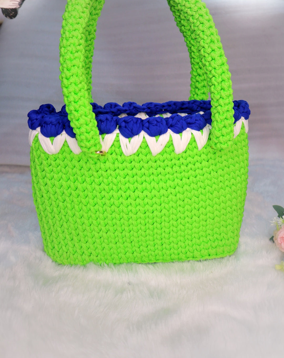 Lemon Crochet Tote With Blue Tulips
