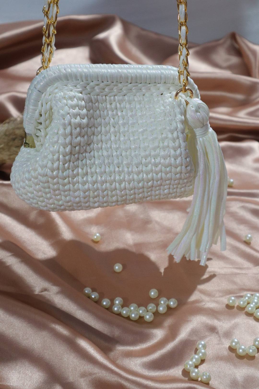 Shimmery White Crochet Clutch with Sling and Tassel