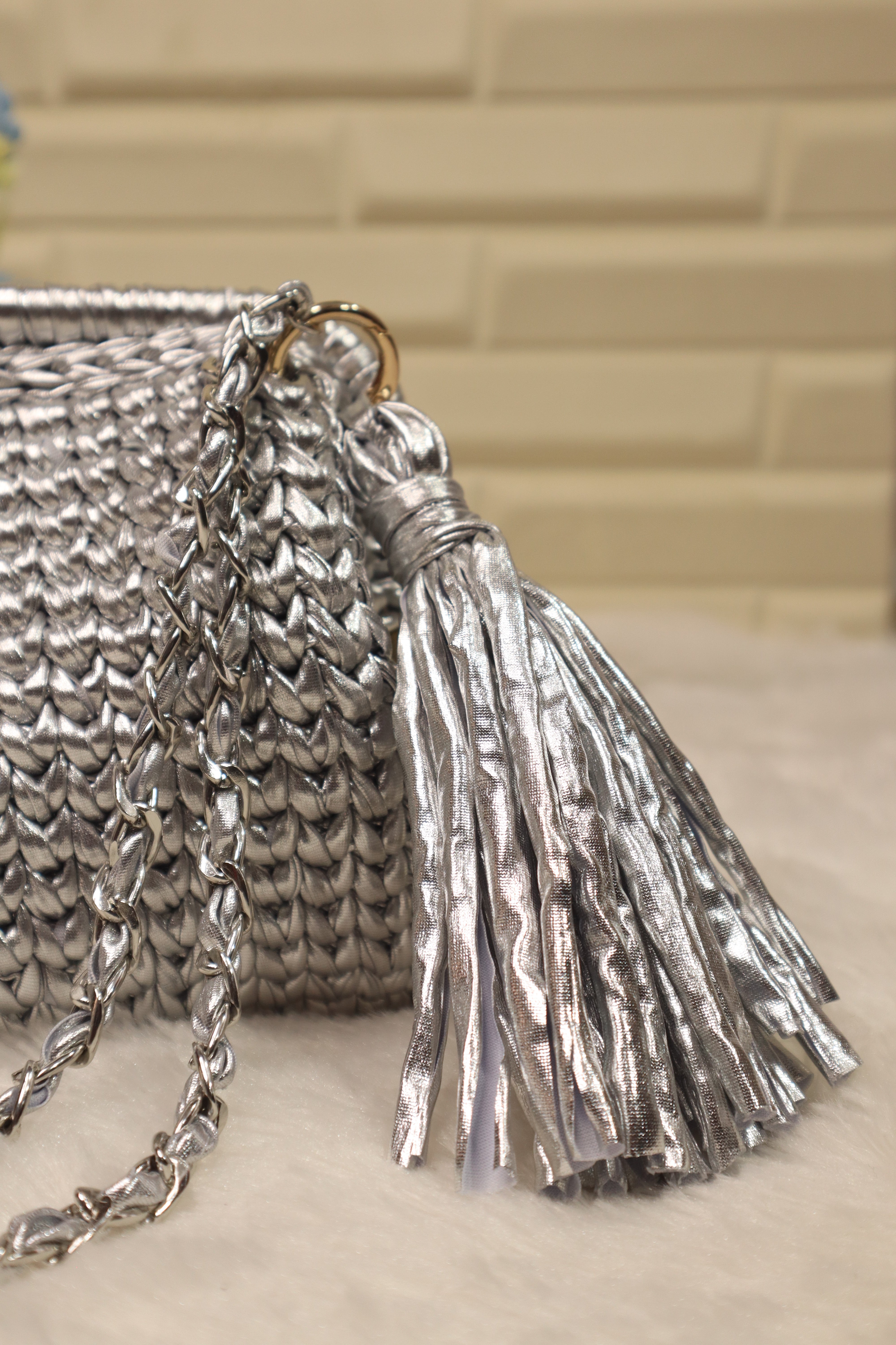 Silver Metallic Crochet Clutch